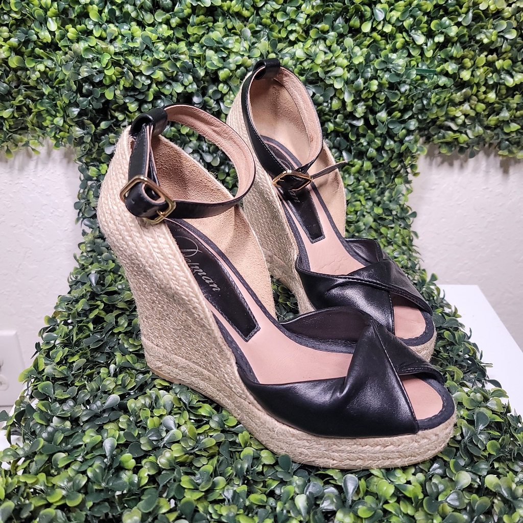 Womens Delman Femme Black Leather Espadrilles Wedges Sz. 8 M
